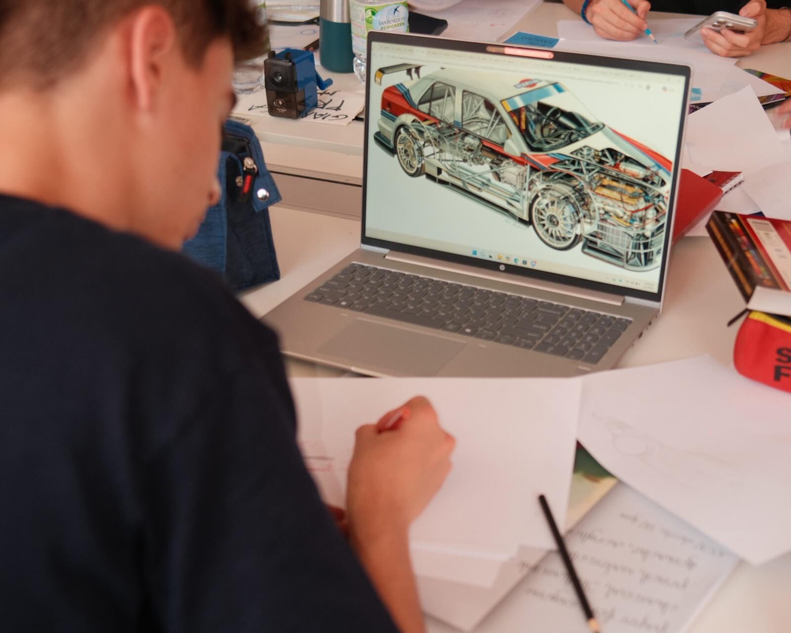 Students in class during the Automotive Design summer program at Sportech Academy in Milan